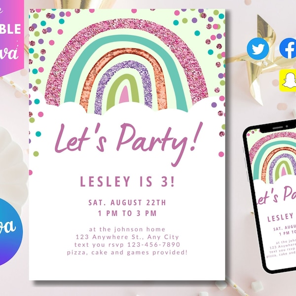 Confetti Party Invitation, It's Party Time, Colorful Invite, Simple Birthday Invitations, Editable Printable Template, instant Download