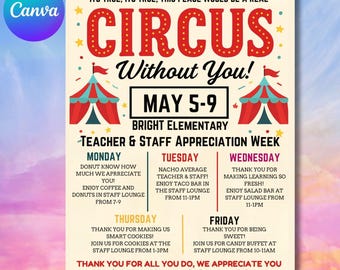 Editable Circus Theme Teacher & Staff Appreciation Day Carnival Itinerary Flyer Canva Template Events Schedule Printable