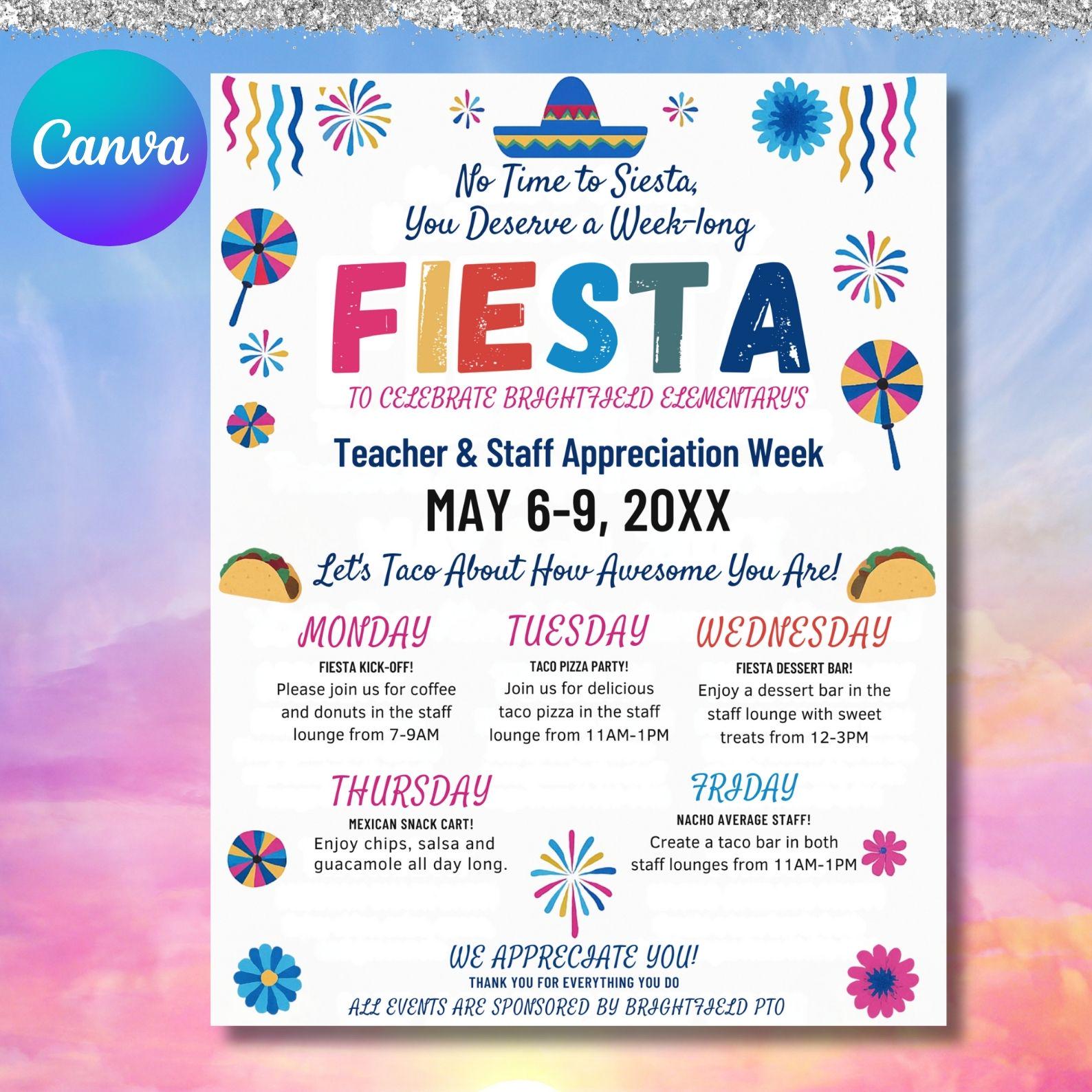 Editable Mexican Fiesta Theme Teacher & Staff Appreciation Theme Fiesta Taco Fiesta Itinerary Flyer Canva Template Printable
