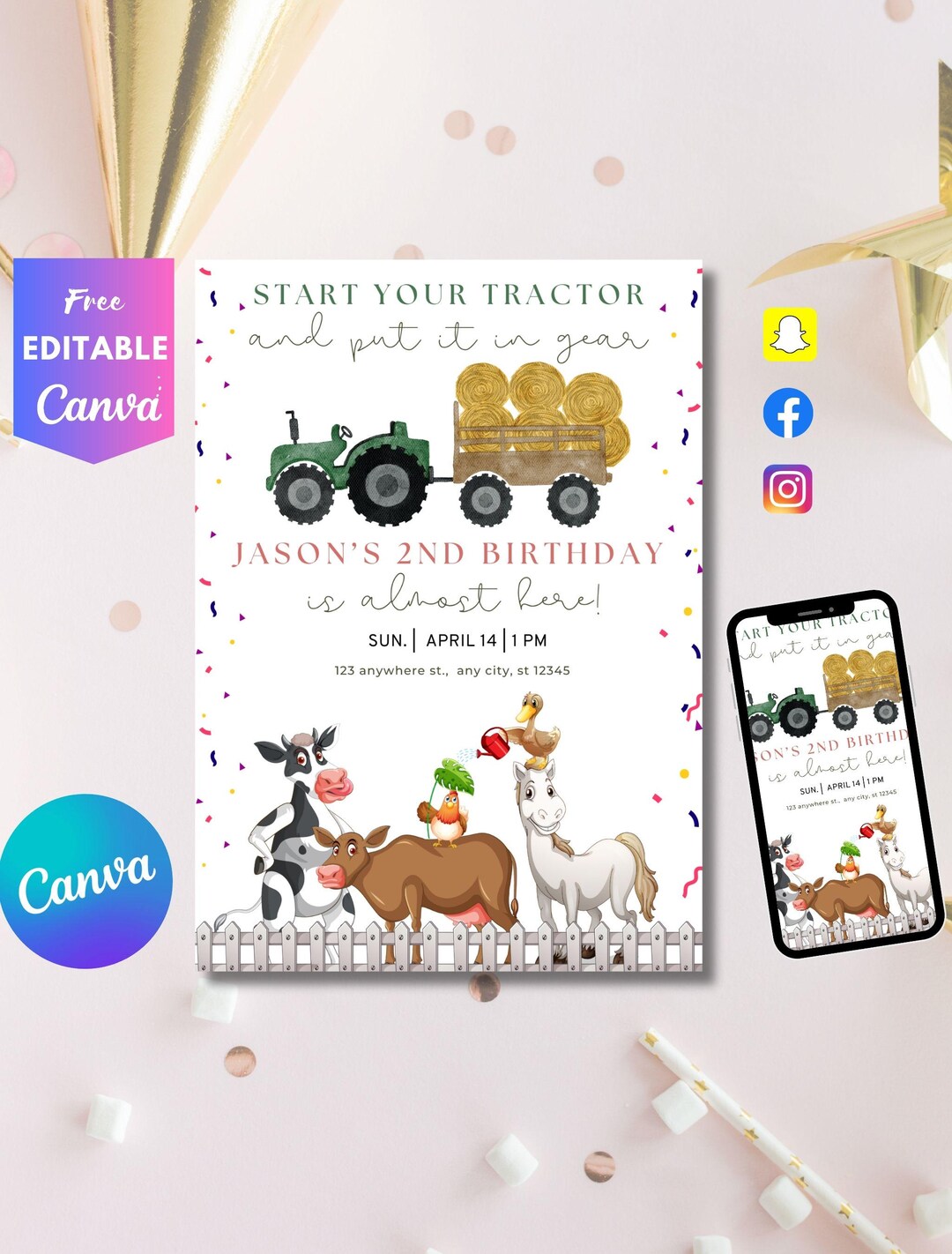 Editable Farm Animals Birthday Invitation Boy Farm Barnyard First ...