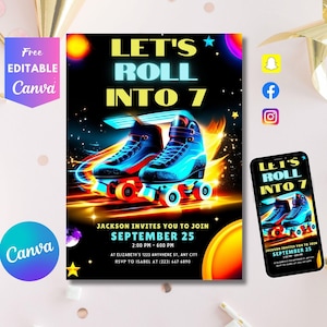 Skate Party Birthday Invitation, Party Invitation, girl, boy, Roller Skating, Retro Neon Lights, Editable Evite Template, Editable Canva