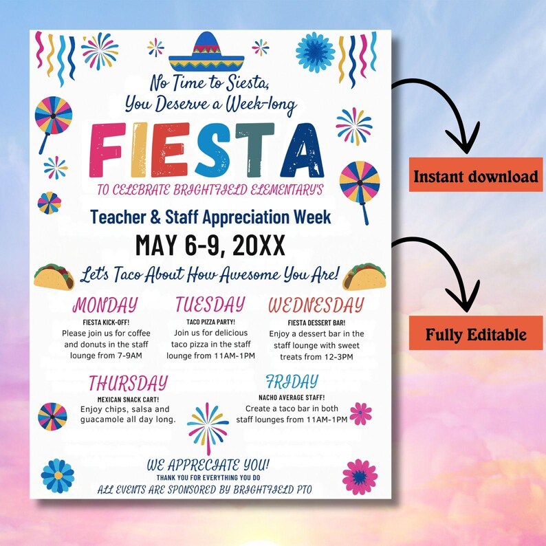 Editable Mexican Fiesta Theme Teacher & Staff Appreciation Theme Fiesta ...