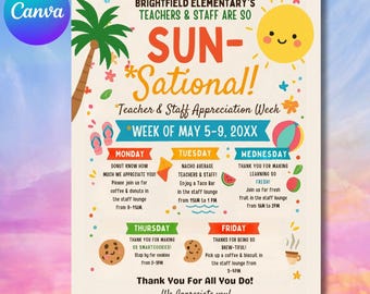 Editable Beach Theme Teacher & Staff Appreciation Sunsational Itinerary Flyer Canva Template Printable