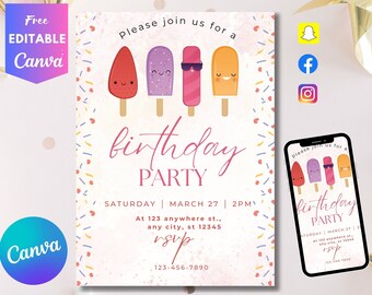 Bewerkbare popsicle verjaardagsuitnodiging Popsicle verjaardag uitnodigen Pop On Over Chill With Us Girl Popsicle Party Ice Cream Digital