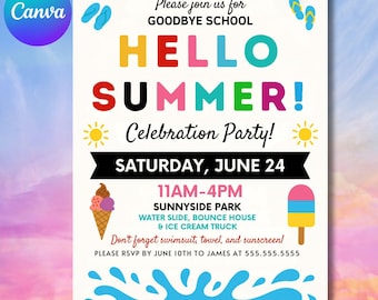 End of School Pool Party Invitation Canva Editable Template 5x7 inches