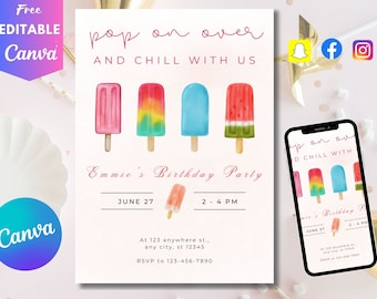 Editable Popsicle Birthday Invitation Popsicle Birthday Invite Pop On Over Chill With Us Girl Popsicle Party Ice Cream Digital