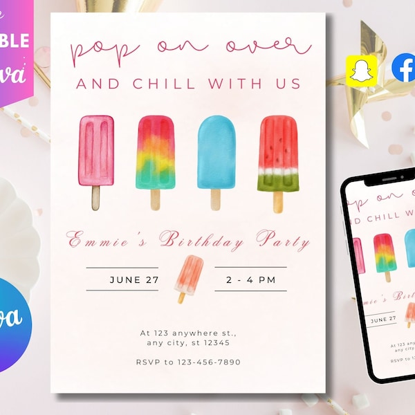 Editable Popsicle Birthday Invitation Popsicle Birthday Invite Pop On Over Chill With Us Girl Popsicle Party Ice Cream Digital