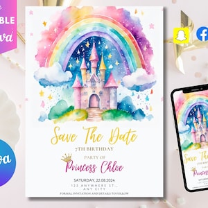 Princess Birthday Invitation Template Editable Printable Invite Instant Download Girls Kids Birthday invite Canva Template