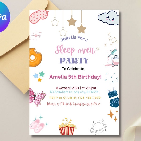 Editable Slumber Party Birthday Invitation Sleepover Birthday Invite Pink Girl Spa Tween Teen Digital Download Printable Template