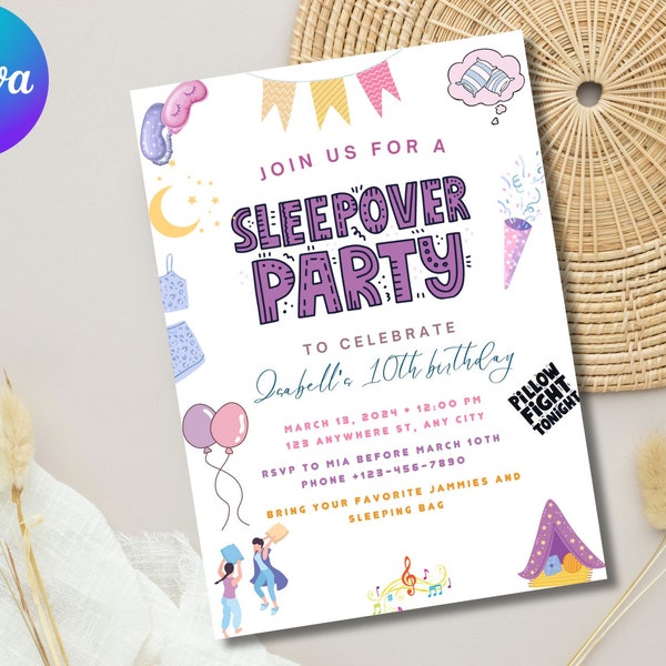 Editable Slumber Party Birthday Invitation Sleepover Birthday Invite Pink Girl Spa Tween Teen Digital Download Printable Template