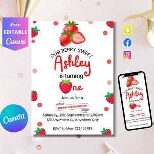 Berry First Birthday Invitation Template, Berry First Birthday Invitation, Berry First Birthday Invitation, Canva Editable