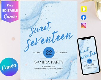 Digital 17th Birthday Invitation, Animated 17th Blue Silver Teens Invite, Dinner Party Winter Wonderland Evite, Self Edit Itinerary eCard
