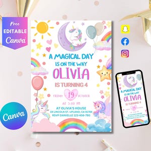 Editable Unicorn Birthday Invitation Magical Party Invite Girl Pink Pastel First Digital Unicorn Party Template Rainbow Download