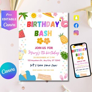 Editable Splish Splash Birthday Invitation Pool Party Girl Summer Waterslide Water Party Pink Download Printable Invite Template