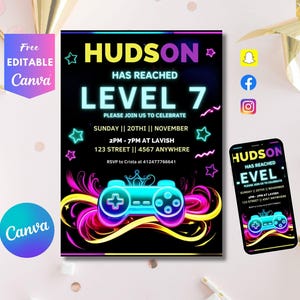 Video Game Party Invitation, EDITABLE Level Up Birthday Invite, Blue Neon Glow Invite, Glow Video Gamer Boy Template Arcade Party Invitation