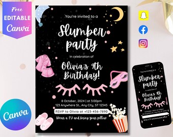 Editable Slumber Party Birthday Invitation Sleepover Birthday Invite Pink Girl Spa Tween Teen Digital Download Printable Template