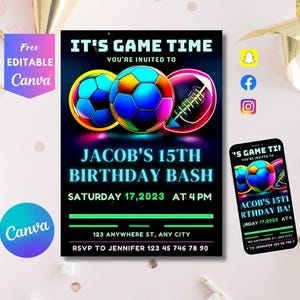 Sports Birthday Invitation Baseball Basketball Football Printable Textable Sports Theme Invitation Template Instant Download