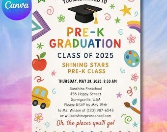 Preschool Graduation Invitation, Pre-K Grad Announcement Card Editable Kindergarten Graduate Invite, Class of 2025 PreK Ceremony Evite