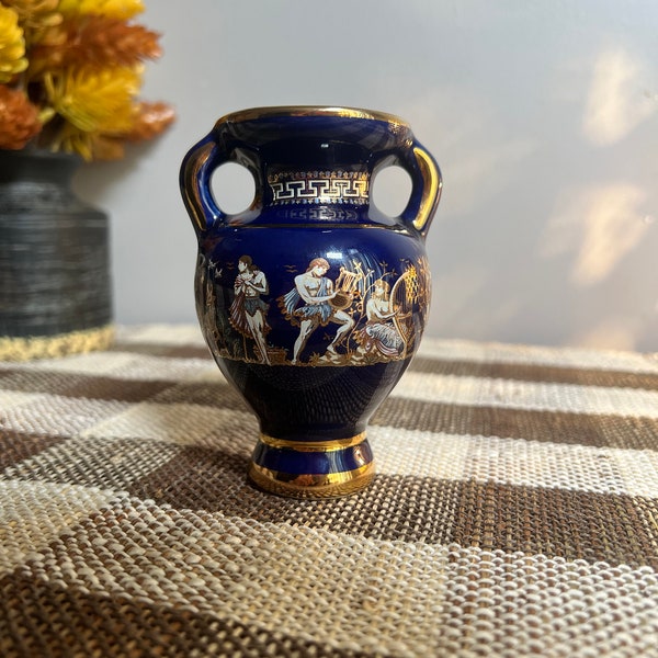 Vintage 24K Gold Grecian Cobalt Blue Vase/Urn