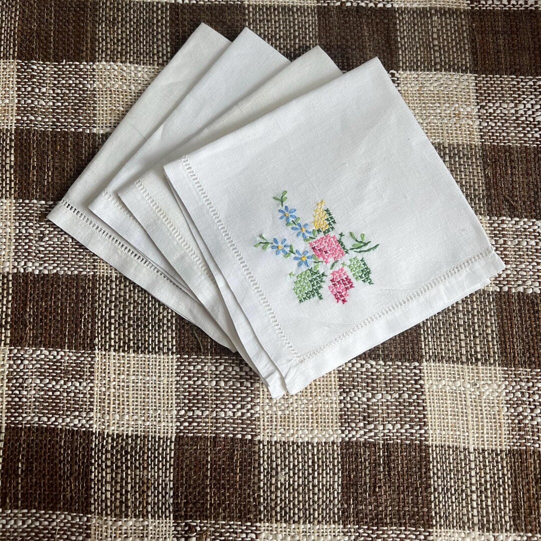 Vintage Cross Stitch Floral Napkins 4 Etsy