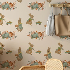 Rabbit wallpaper peel and stick wall mural, Woodland nursery decor, Kids room wallpaper