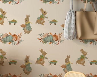 Rabbit wallpaper peel and stick wall mural, Woodland nursery decor, Kids room wallpaper
