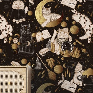 Witchy Black Cats Wallpaper: Dark Academia Peel and Stick Wall Decor