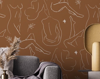 Papel pintado con diseño lineal femenino estilo boho: mural de pared autoadhesivo.