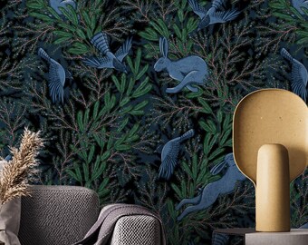 rabbit wallpaper peel and stick vintage  woodland wall mural, woodland animals nursery decor