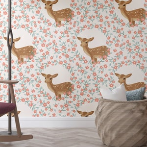 Baby Deer Wallpaper Peel and Stick – Woodland Nursery Wall Mural, Removable Animal Wallpaper for Kids Room, Floral Bambi Decor