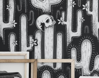 Western Cactus Mural Peel and Stick Wallpaper: Rustic Black Decor