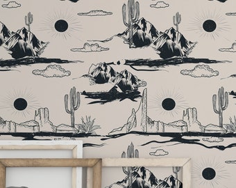 Western wallpaper desert mural, rustic wild west peel and stick wallpaper and traditional