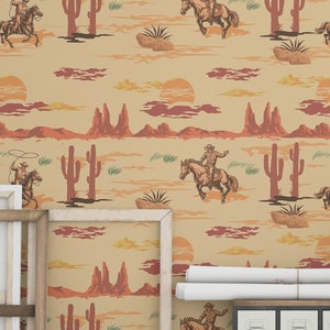 Rustikale Wilde Westen Tapete, Wüsten Wanddekor, Vintage Cowboy und Pferde