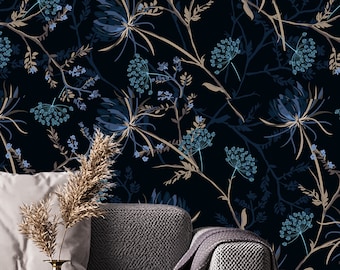 Dark Floral Wallpaper: Navy Blue Botanical Mural, Peel and Stick or Traditional