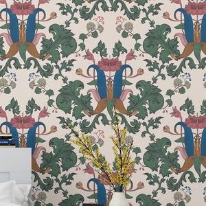 William Morris Inspired Wallpaper - Arts and Crafts Floral Wall Mural - Removable Peel and Stick Wallpaper - Victorian Heritage Wall Decor