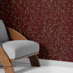 Maroon Wallpaper Botanical Art deco Vintage Mural, Peel and Stick or Traditional