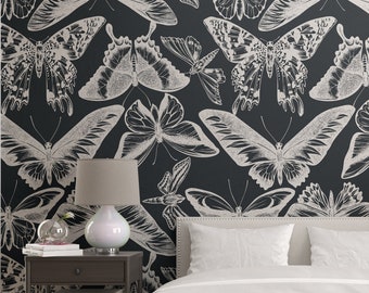 Butterfly peel and stick wallpaper, modern vintage wallpaper, dark wall mural with butterfly