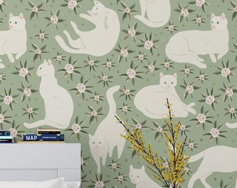 vintage wallpaper cute cat, peel and stick wallpaper and traditional, removable self adhesive wall mural