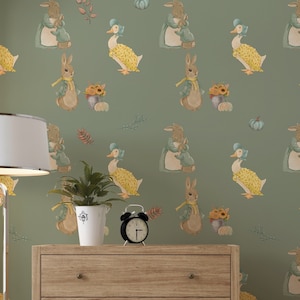 Vintage Wallpaper Nursery, Goose Wall Mural, Rabbit Wallpaper,  Kids Room Decor