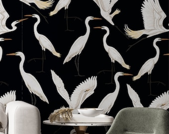 Chinoiserie wallpaper black heron, vintage cranes wall mural, peel and stick wallpaper