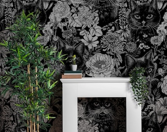 Dark Mythical Cats Wallpaper: Botanical Black Cat Fantasy Wall Decor