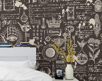Dark mystic wallpaper peel and stick, esoteric and occult symbol wall mural alchemy