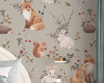 Woodland wallpaper, peel and stick whimsical woodland animals nursery mural