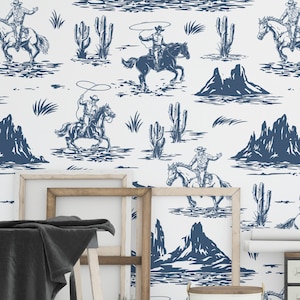 Western wallpaper cowboys mural, rustic wild west peel and stick wallpaper and traditional