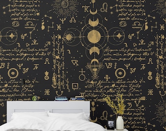 Dark Moon & Sun Astrology Wallpaper - Peel and Stick Esoteric Wall Mural