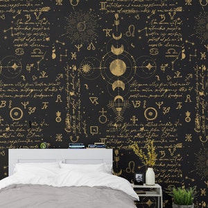 Dark astrology wallpaper moon and sun, peel and stick wallpaper, magical and esoteric wall mural