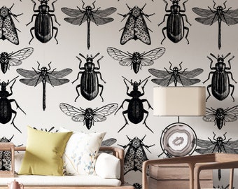 Removable wallpaper moth, beetles and butterflies, peel and stick woodland wall mural