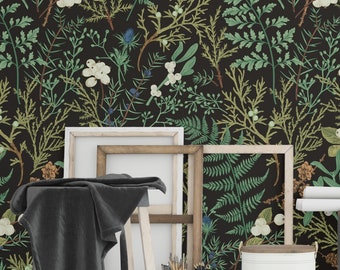 Fern wallpaper dark botanical mural, peel and stick or traditional wallpaper