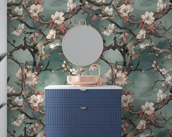 Сherry blossom wallpaper,  peel and stick chinoiserie wall mural, branches decor