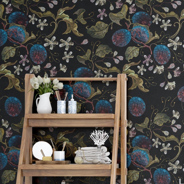Dark botanical wallpaper, secret garden mural, floral peel and stick wallpaper and traditional